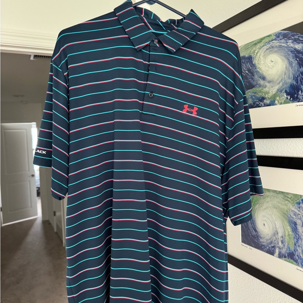 Under Armour Men's Polo Shirt - Navy and Pink Stripes
